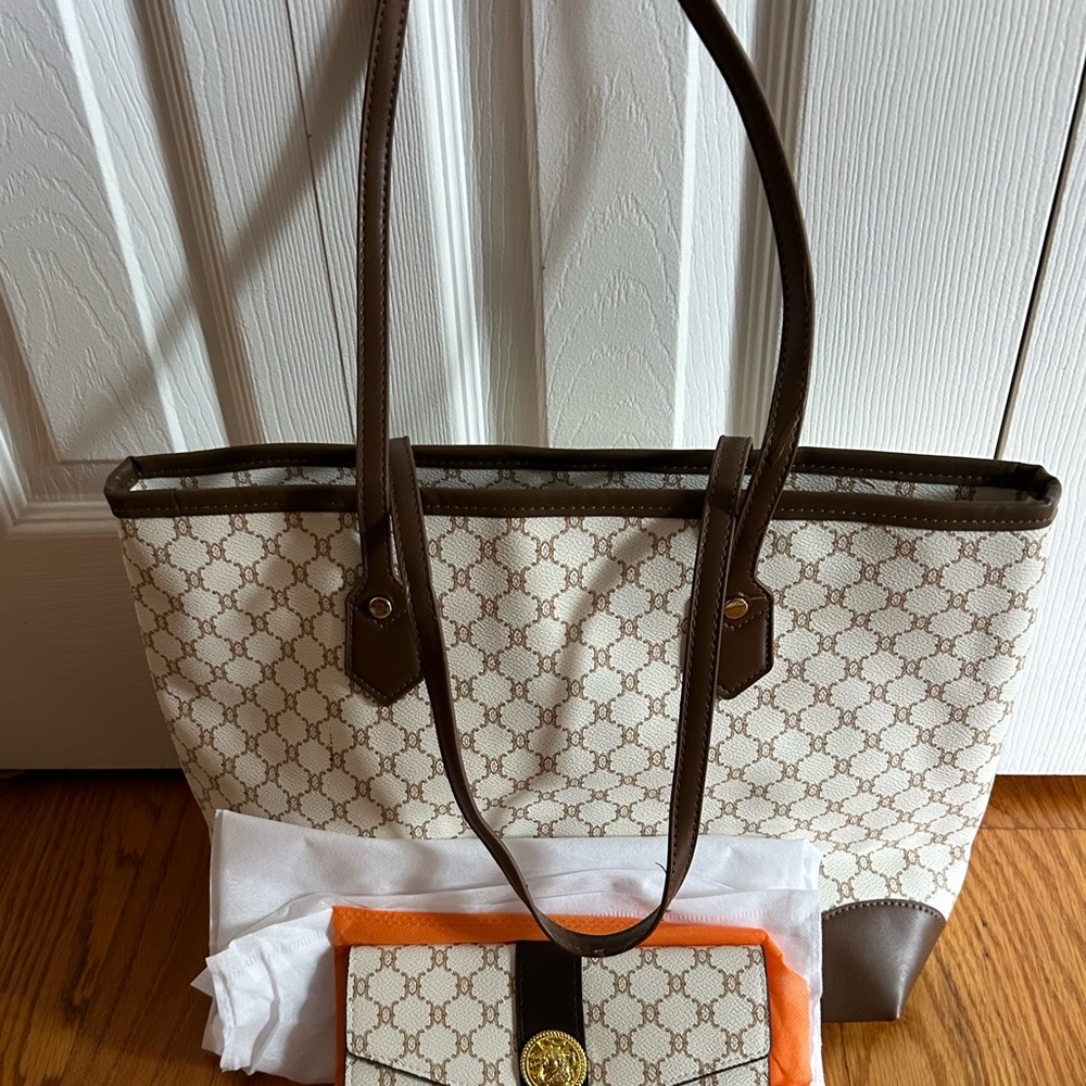 NEW Retro Beige Neutral Color TOTE Purse Bag And Wallet Set